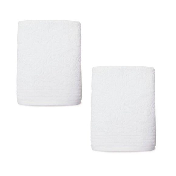 2 new WHITE Broyhill Sculpted Jacquard Textured Velour 100% Cotton Bath Towels - Picture 1 of 7